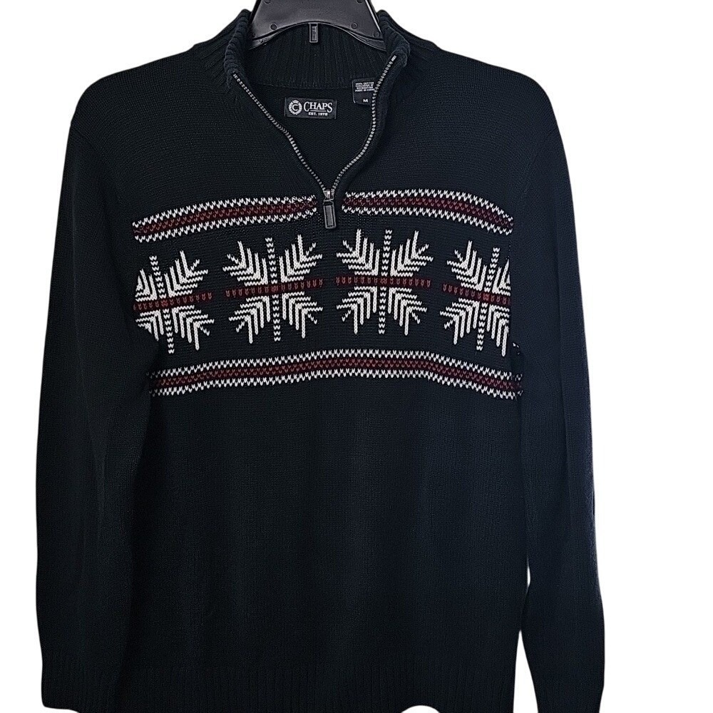 Chaps Men's Medium Fair Isle Snowflake Knit Black Sweater Heritage Winter